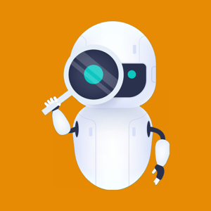 Robot with magnifying glass on orange background.